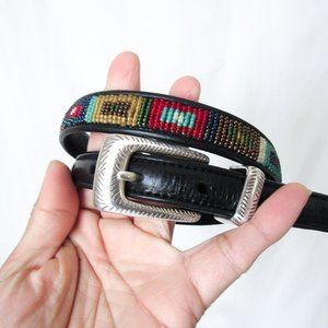 VITG 90S BRIGHTON Black Leather Beaded Belt Western Style Waist Skinny Size-S/M